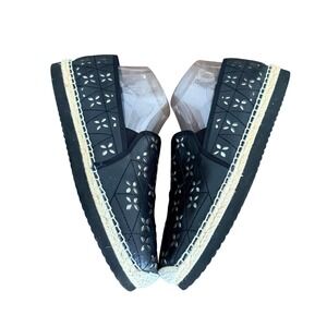 Michael Kors Black Leather‎ Laser Cut Floral Espadrille Platform Slip On Shoes